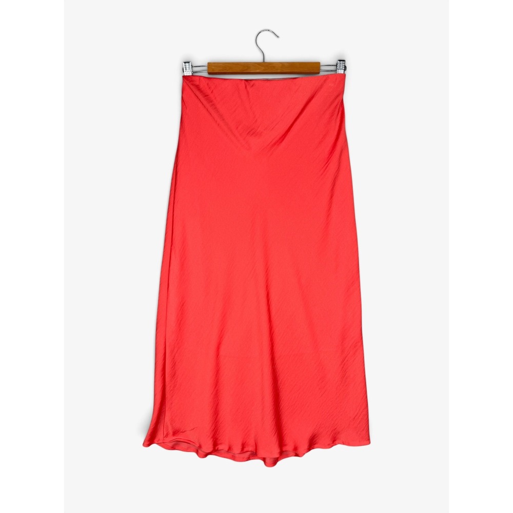 A New Day Satin‎ Slip Midi Skirt Size S Bright Orange Lined Flared Hem Dopamine